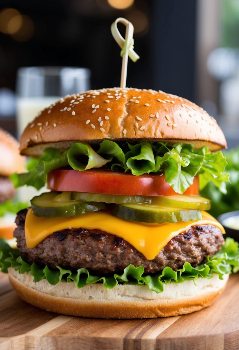 A juicy beef patty topped with melted cheese, lettuce, tomato, and pickles, sandwiched between a sesame seed bun