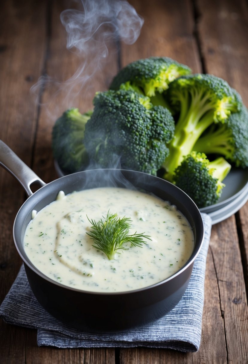 A pot of creamy dill sauce simmers next to a steaming pile of broccoli florets on a rustic wooden table