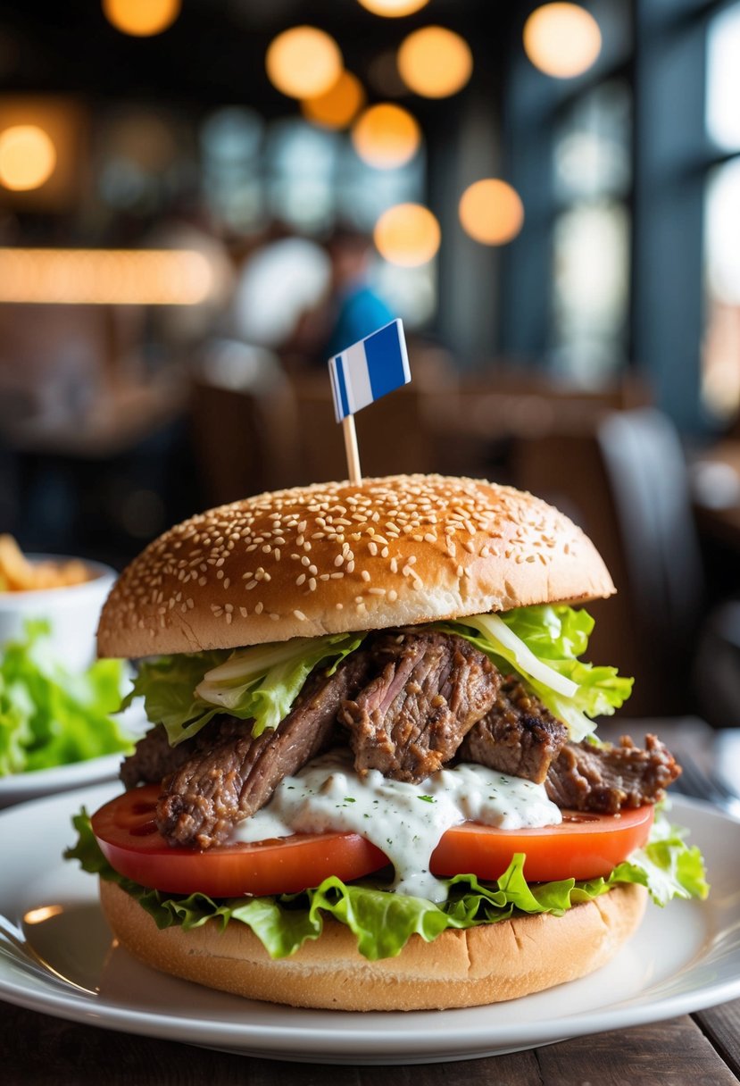 A sizzling lamb gyro burger with juicy meat, lettuce, tomato, and tzatziki sauce piled high on a sesame seed bun