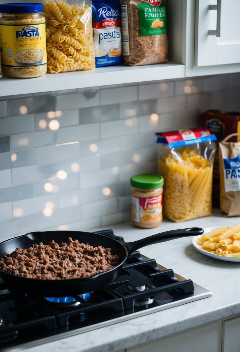 A stovetop with a skillet cooking ground beef, a pantry stocked with pasta, and various budget-friendly ingredients