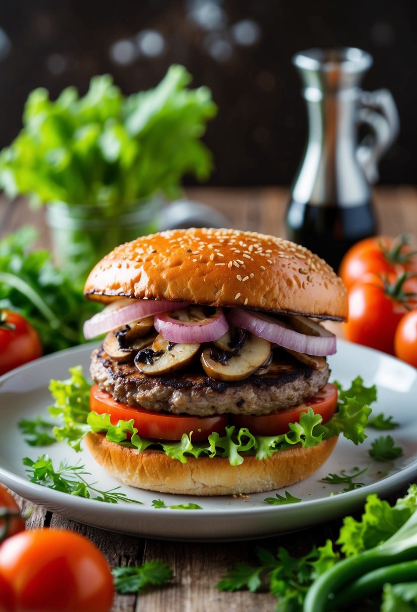 A sizzling mushroom burger topped with fresh lettuce, juicy tomatoes, and crispy onions, surrounded by vibrant veggies and herbs