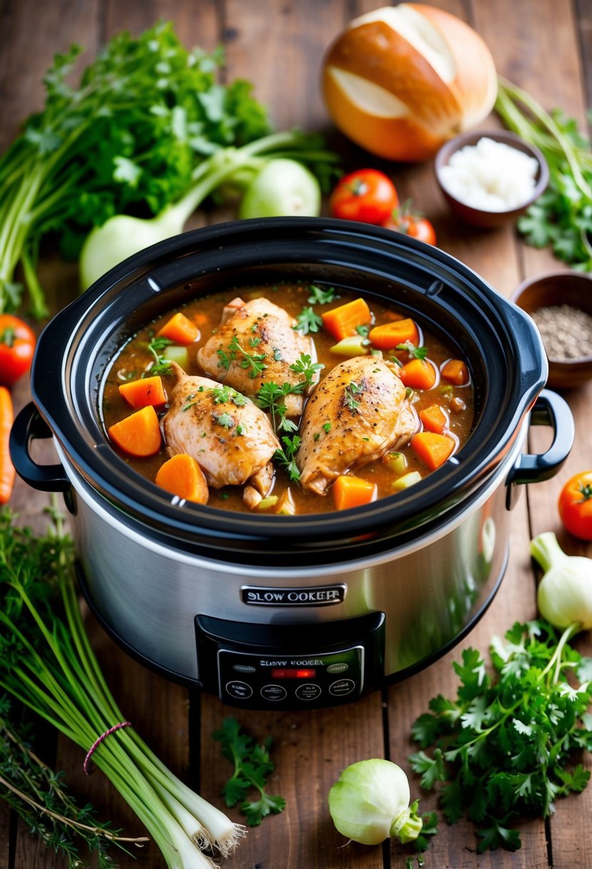 A slow cooker filled with hearty chicken stew surrounded by fresh vegetables and herbs