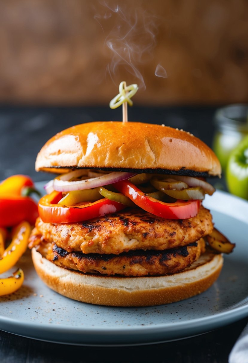 A sizzling chicken burger with spicy fajita seasoning on a toasted bun, topped with grilled peppers and onions