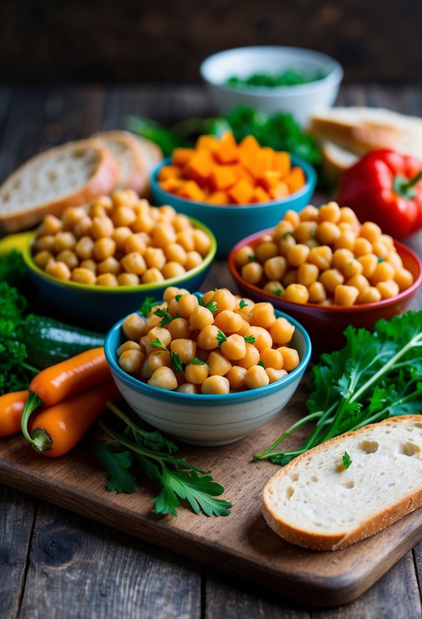 A colorful array of chickpeas, vegetables, and bread, arranged on a rustic wooden table