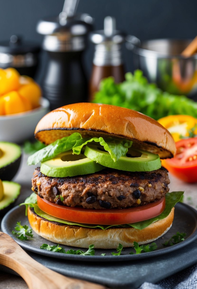 A sizzling black bean burger topped with avocado, lettuce, and tomato on a toasted bun, surrounded by colorful ingredients and cooking utensils