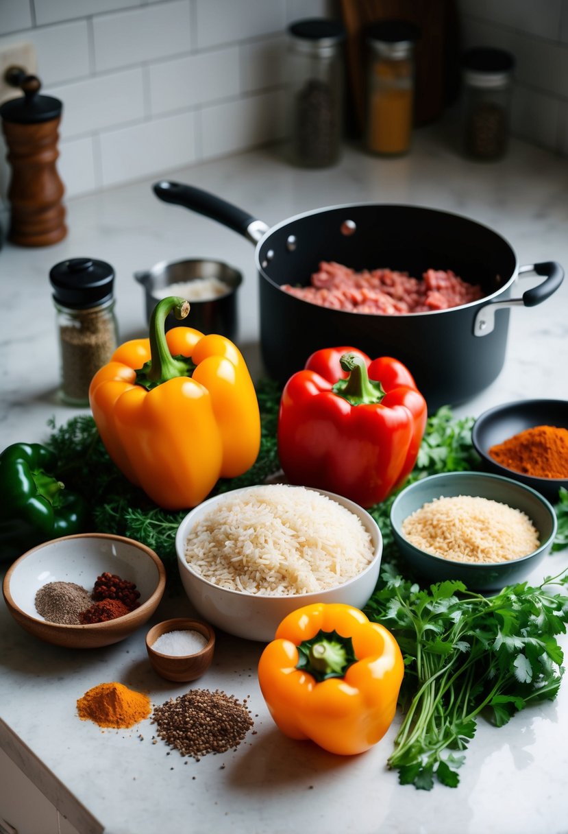 Fresh bell peppers, rice, and ground meat arranged on a kitchen counter, surrounded by various spices and herbs. A pot and a skillet sit nearby