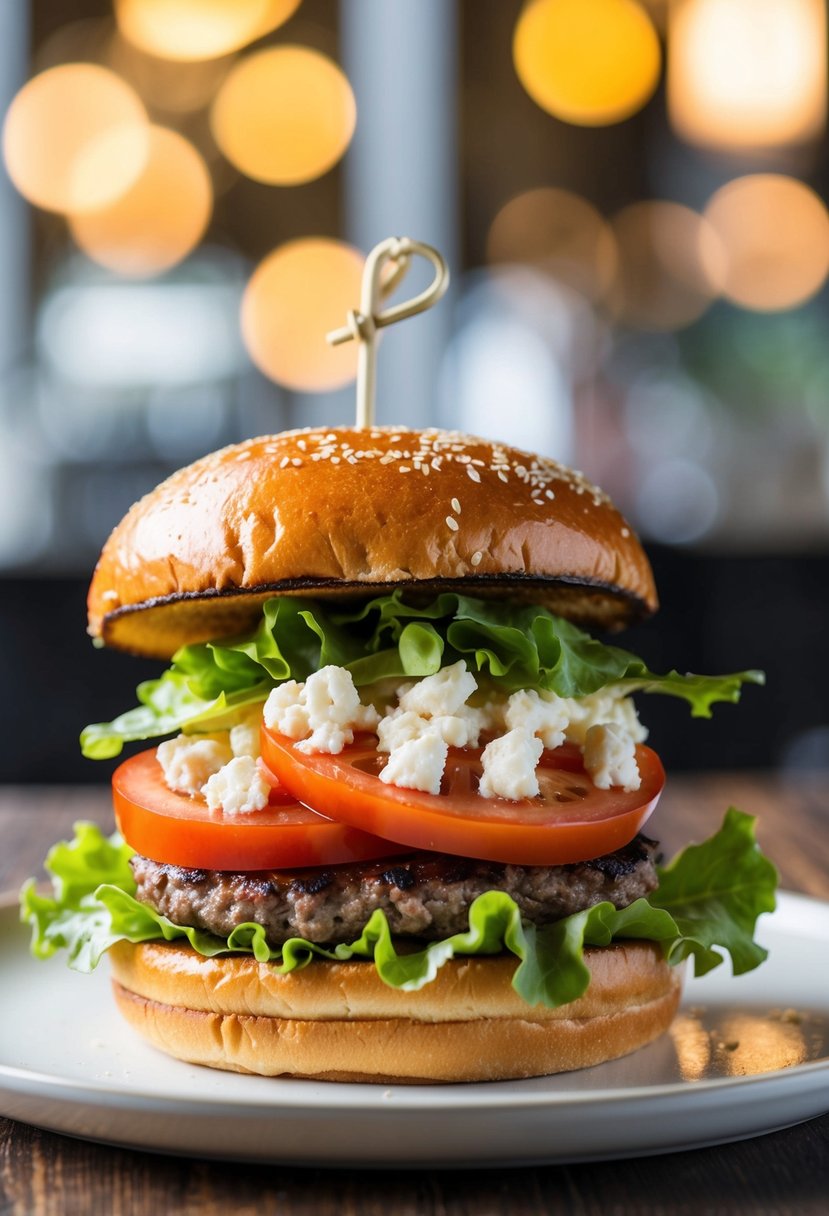 A sizzling burger topped with crumbled feta, juicy tomato slices, and fresh lettuce on a toasted sesame seed bun