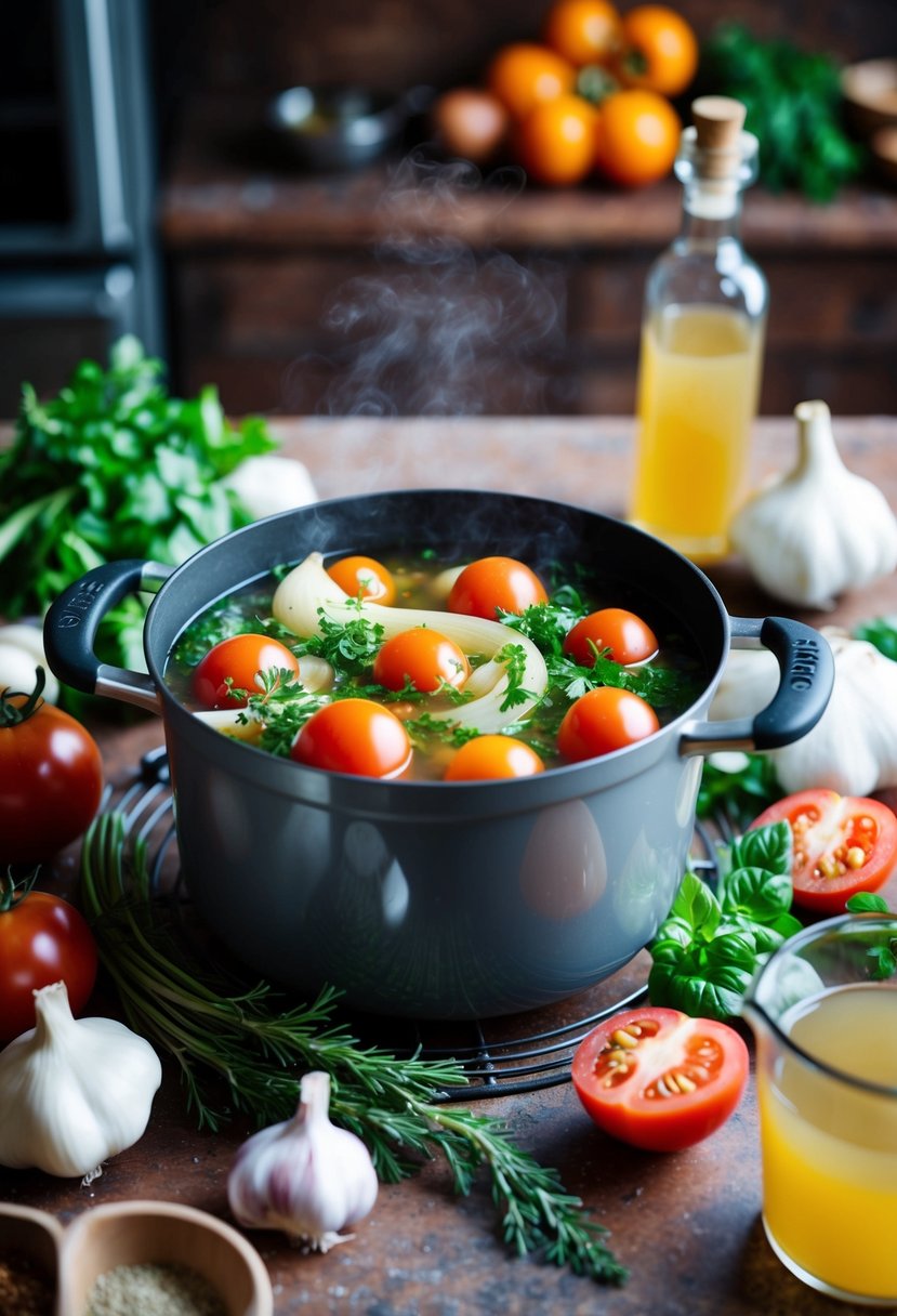 A pot simmering with fresh tomatoes, onions, and herbs, surrounded by ingredients like garlic, broth, and spices on a rustic kitchen counter