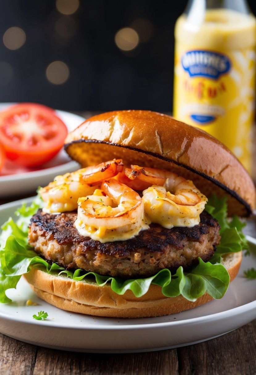 A sizzling shrimp patty topped with zesty aioli, nestled in a toasted brioche bun with fresh lettuce and tomato