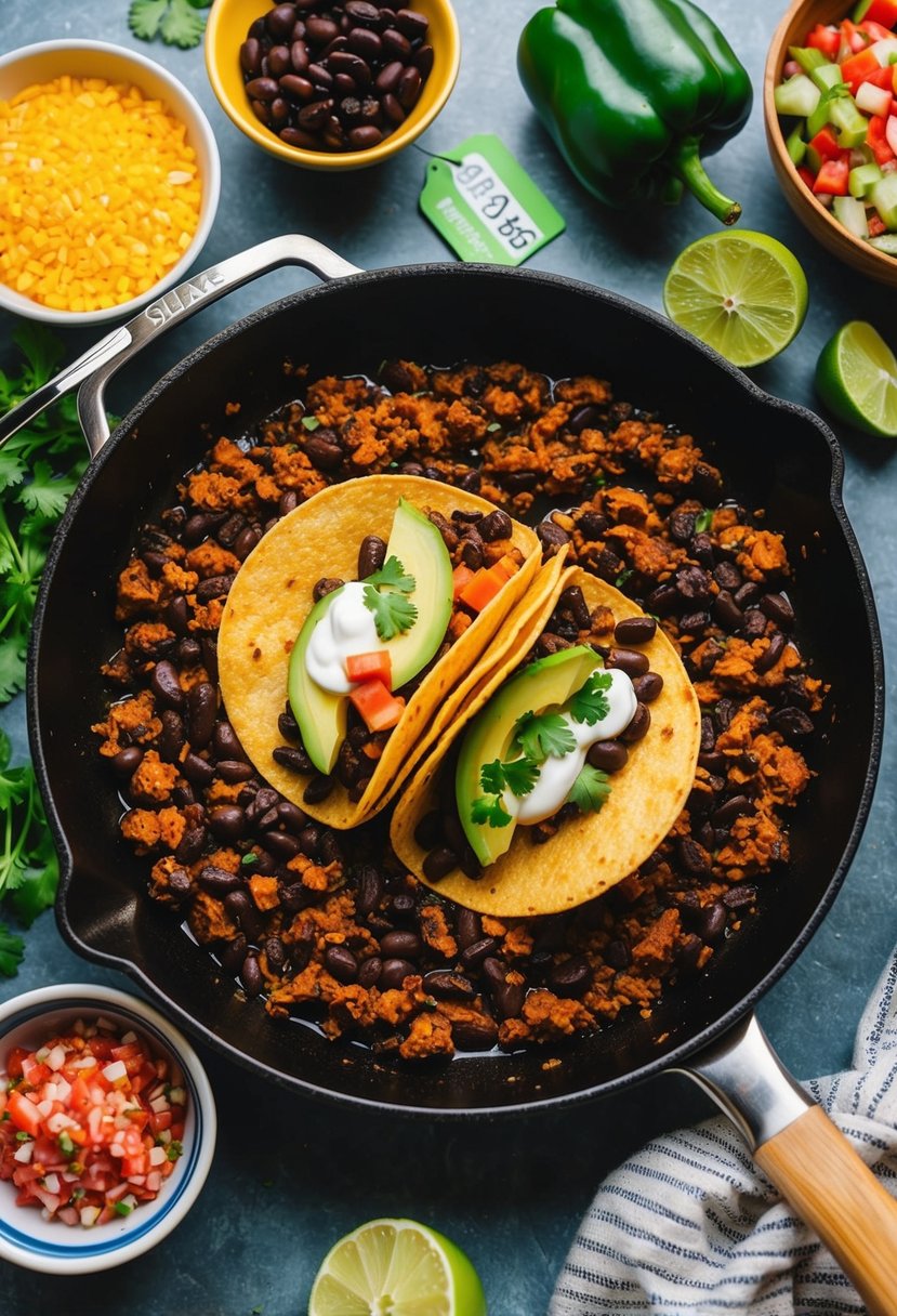 A sizzling skillet of spicy black bean tacos surrounded by colorful ingredients and a budget-friendly price tag