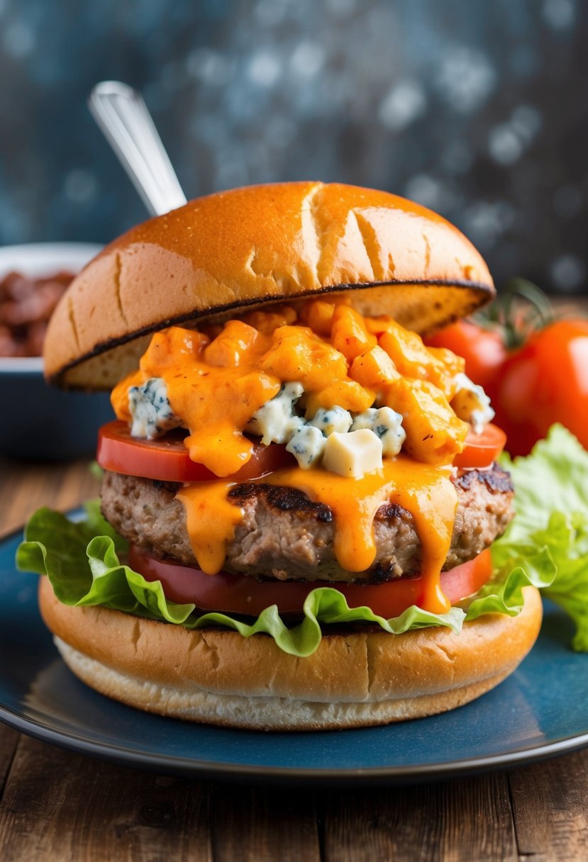 A sizzling turkey burger topped with spicy buffalo sauce and blue cheese, served on a toasted bun with lettuce and tomato