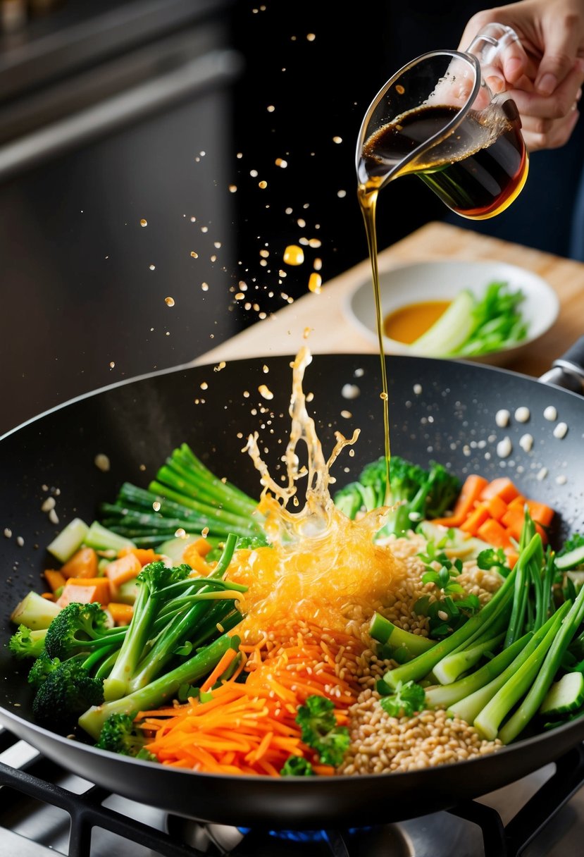 Assorted fresh vegetables being tossed in a sizzling wok with splashes of soy sauce and sesame oil