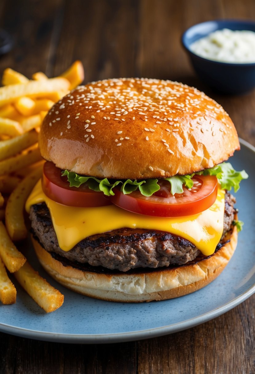 A sizzling bison burger with melted cheese, lettuce, and tomato on a toasted sesame seed bun, surrounded by a pile of crispy golden fries