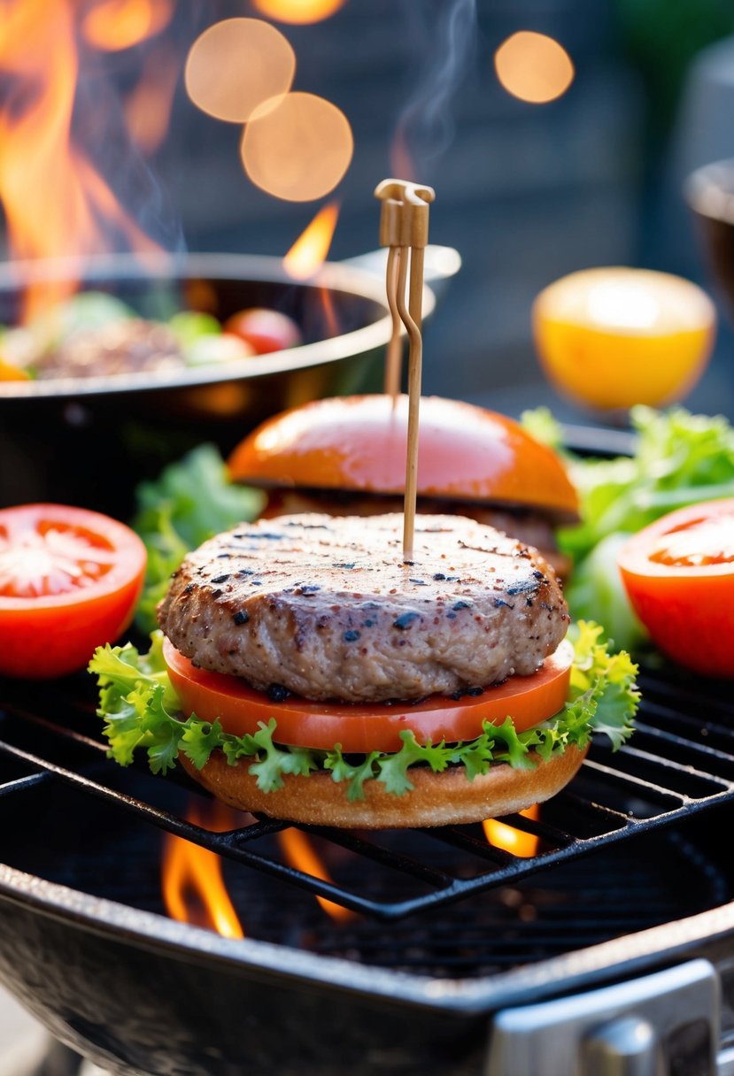 An ostrich gourmet burger being grilled on a sizzling hot barbecue, surrounded by fresh lettuce, tomatoes, and other ingredients