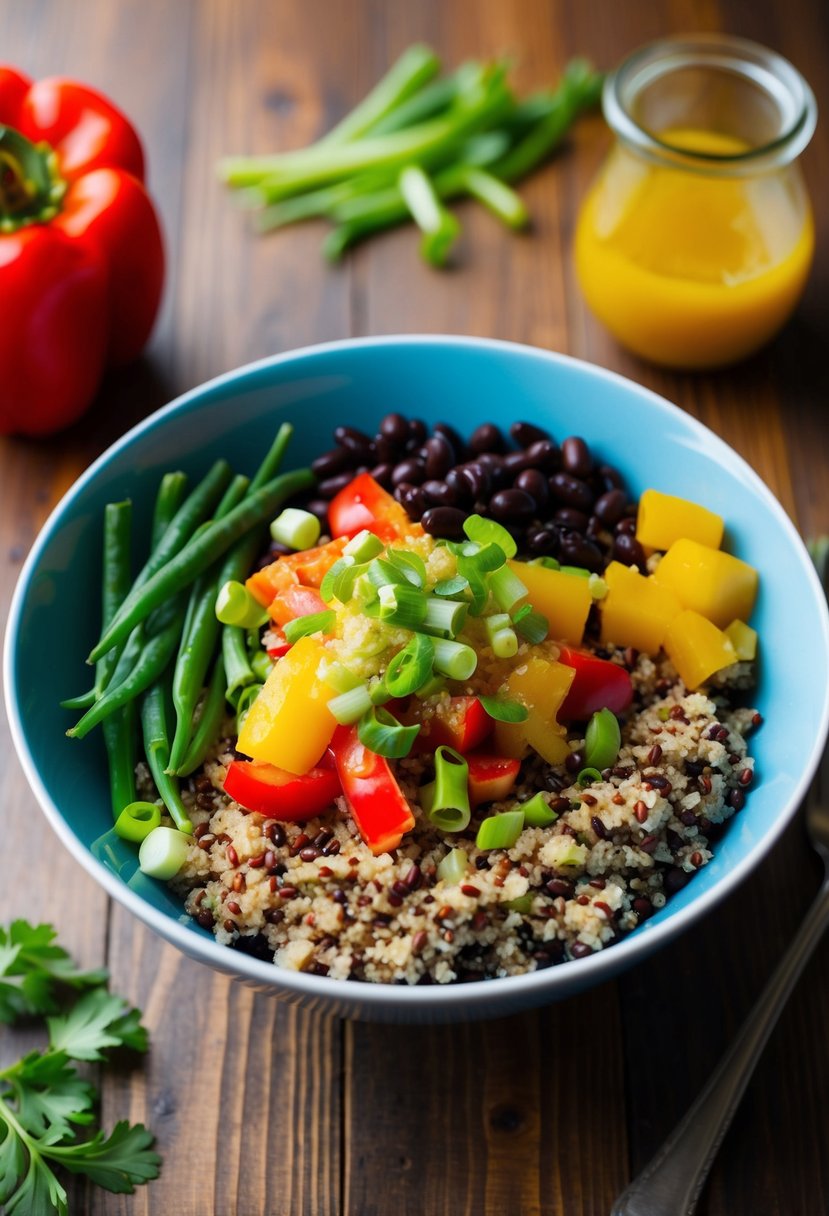 A colorful bowl filled with quinoa, black beans, red peppers, and green onions, topped with a zesty vinaigrette