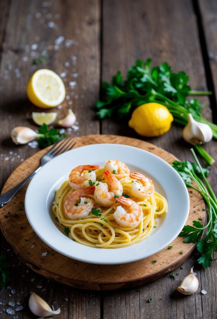 A steaming plate of garlic butter shrimp pasta on a rustic wooden table, surrounded by scattered ingredients like garlic cloves, parsley, and a lemon