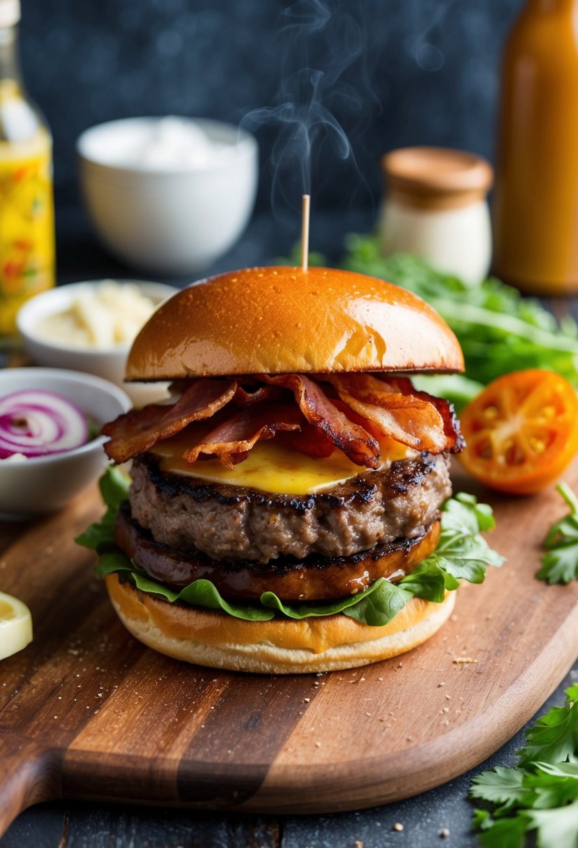 A sizzling burger topped with maple bacon and brisket, surrounded by fresh ingredients and condiments on a wooden cutting board