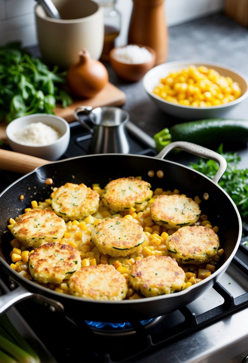 A sizzling skillet of golden zucchini and corn fritters cooking on a stovetop, surrounded by fresh ingredients and kitchen utensils