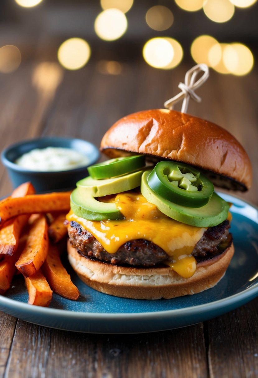 A sizzling chorizo burger topped with melted cheese, jalapeños, and avocado, served with a side of crispy sweet potato fries