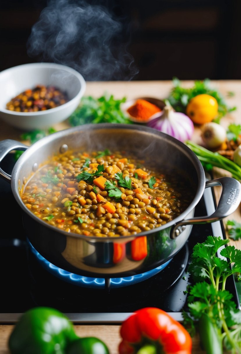 A steaming pot of lentil curry simmers on a stovetop, surrounded by colorful spices, herbs, and vegetables