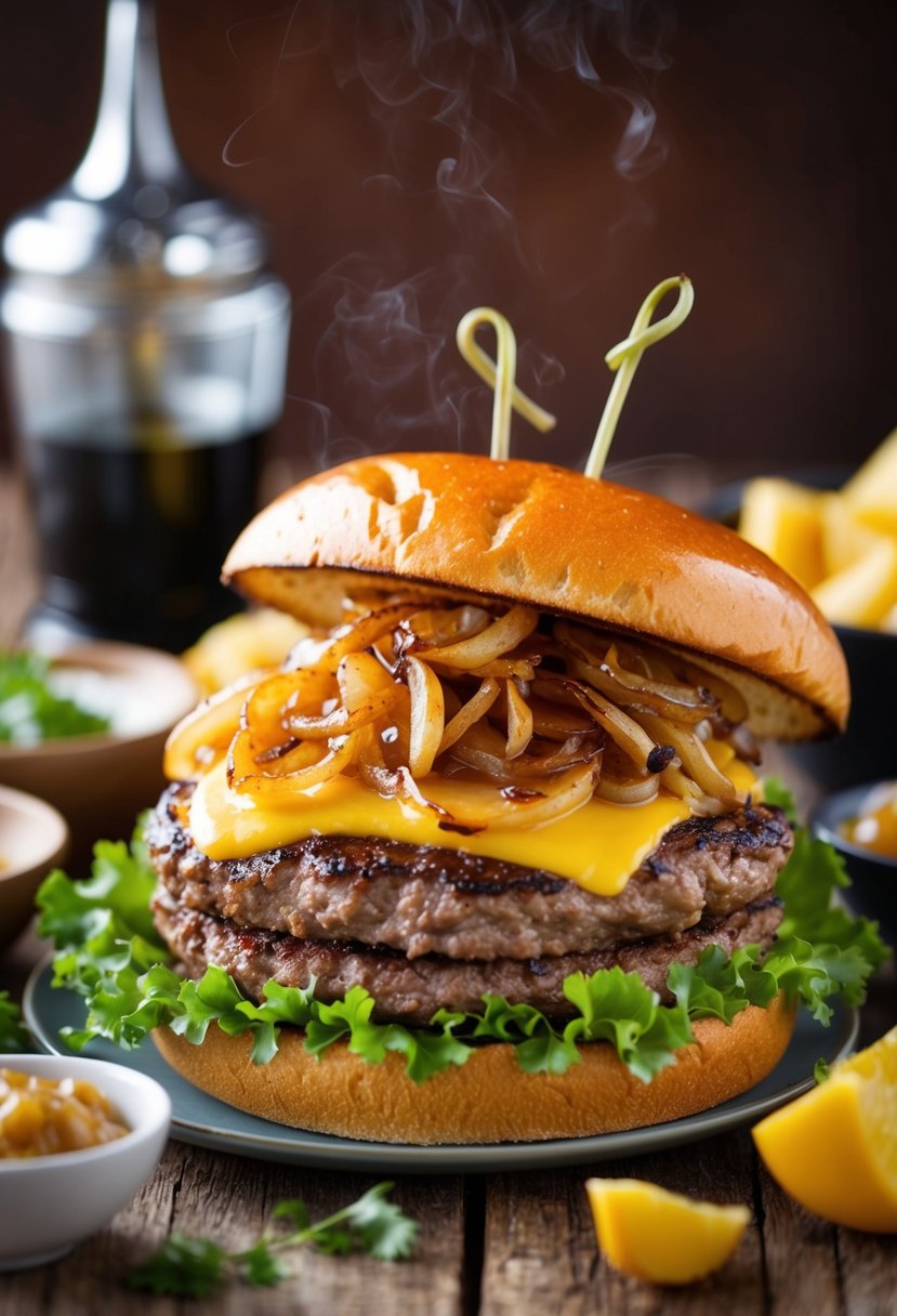 A sizzling steakburger topped with tangy caramelized onions, nestled in a toasted bun, surrounded by fresh ingredients and condiments