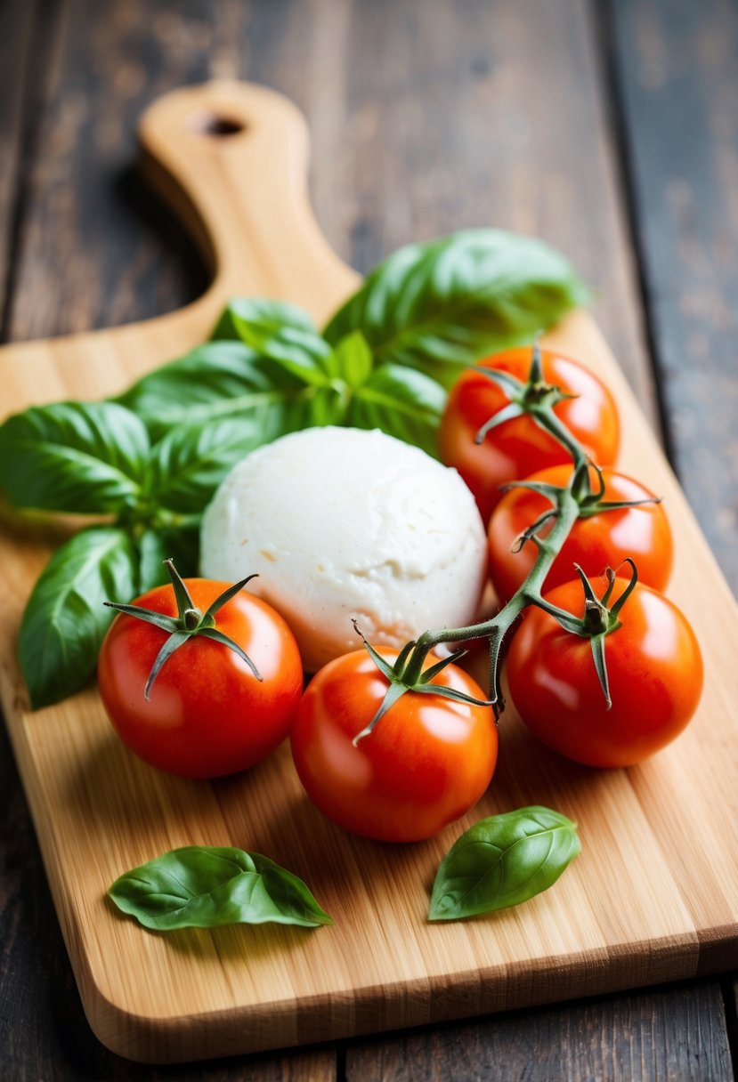 A wooden cutting board with fresh tomatoes, basil, and a ball of creamy burrata cheese