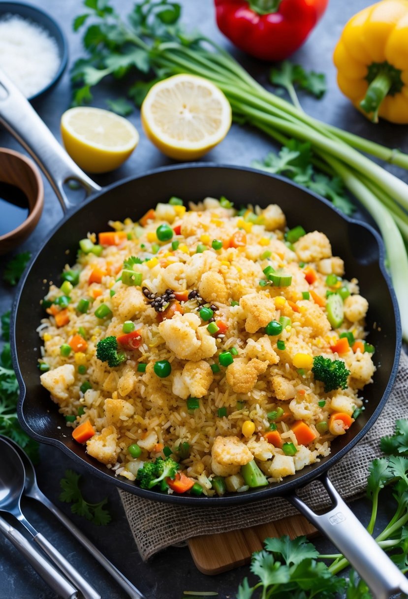 A sizzling skillet of cauliflower fried rice with colorful veggies and a sprinkle of soy sauce, surrounded by fresh ingredients and kitchen utensils