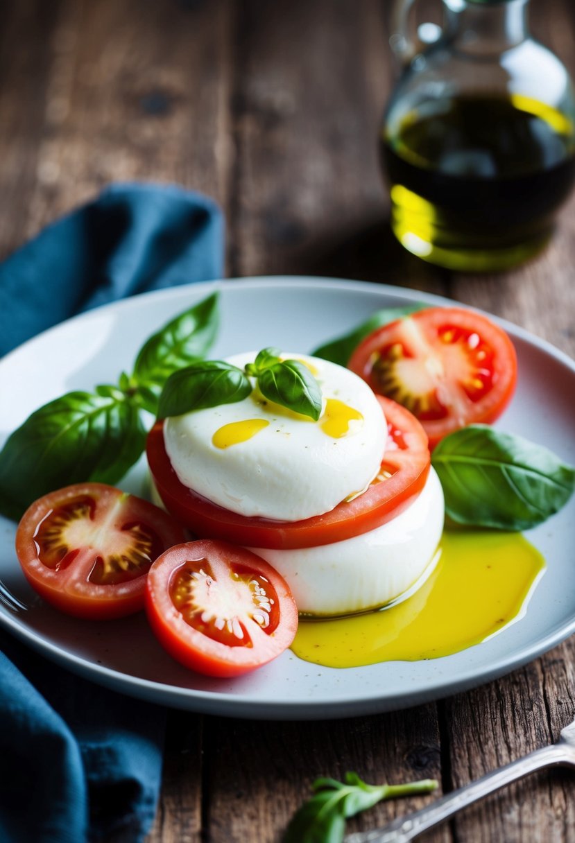 A plate of burrata caprese with ripe tomatoes, fresh basil, and a drizzle of olive oil, set on a rustic wooden table