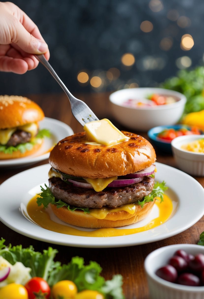 A sizzling burger topped with melting butter, surrounded by a colorful array of fresh ingredients and condiments