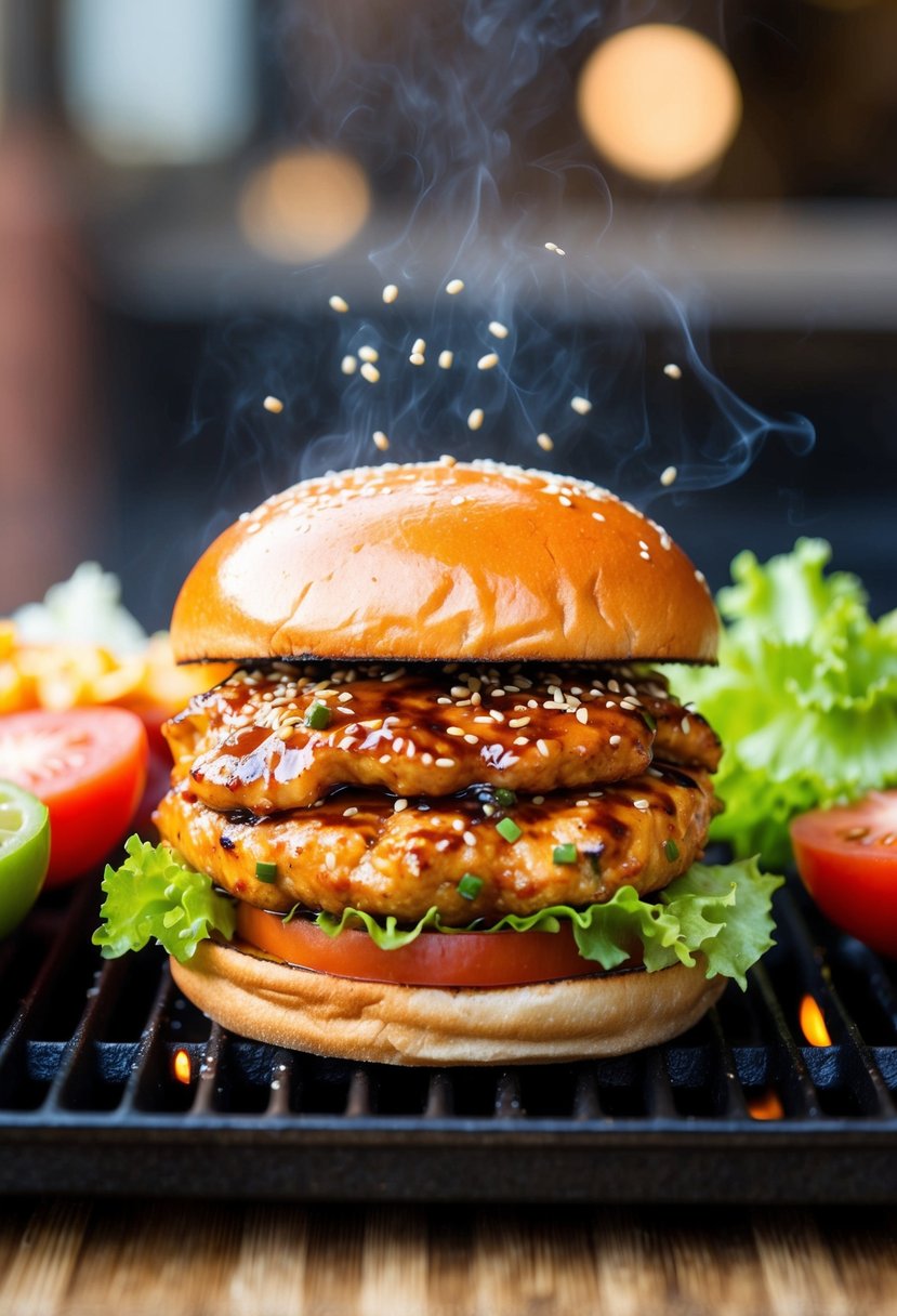 A juicy teriyaki-infused chicken burger sizzling on a hot grill, surrounded by colorful ingredients like lettuce, tomato, and sesame seeds