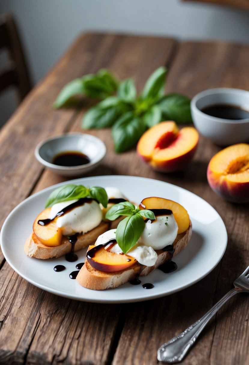 A rustic wooden table with a plate of peach and burrata bruschetta, topped with fresh basil and drizzled with balsamic glaze