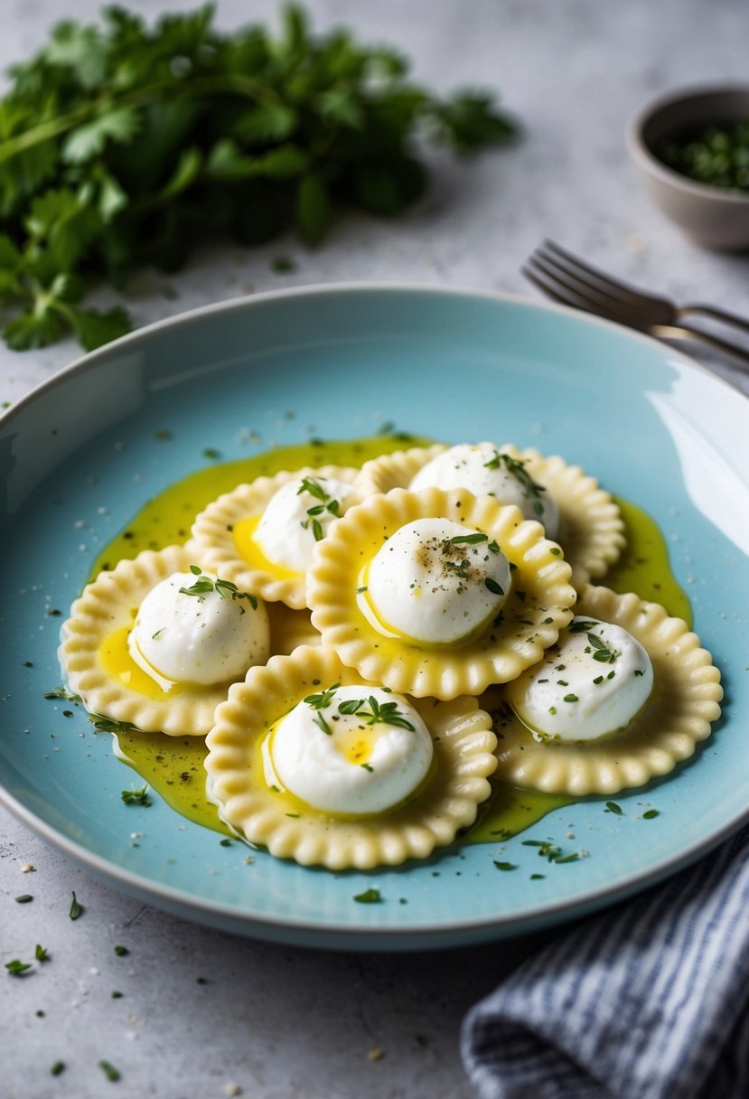 A plate of freshly made burrata stuffed ravioli drizzled with olive oil and sprinkled with fresh herbs