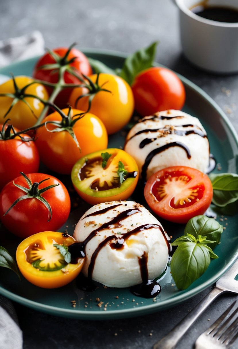 A platter of vibrant heirloom tomatoes and creamy burrata cheese, drizzled with balsamic glaze and garnished with fresh basil leaves