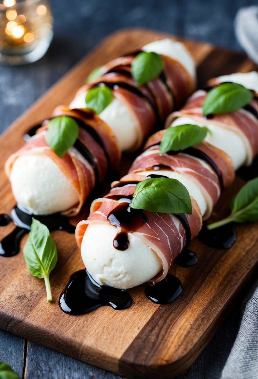 A platter of burrata cheese wrapped in prosciutto, garnished with fresh basil and drizzled with balsamic glaze, set on a rustic wooden board