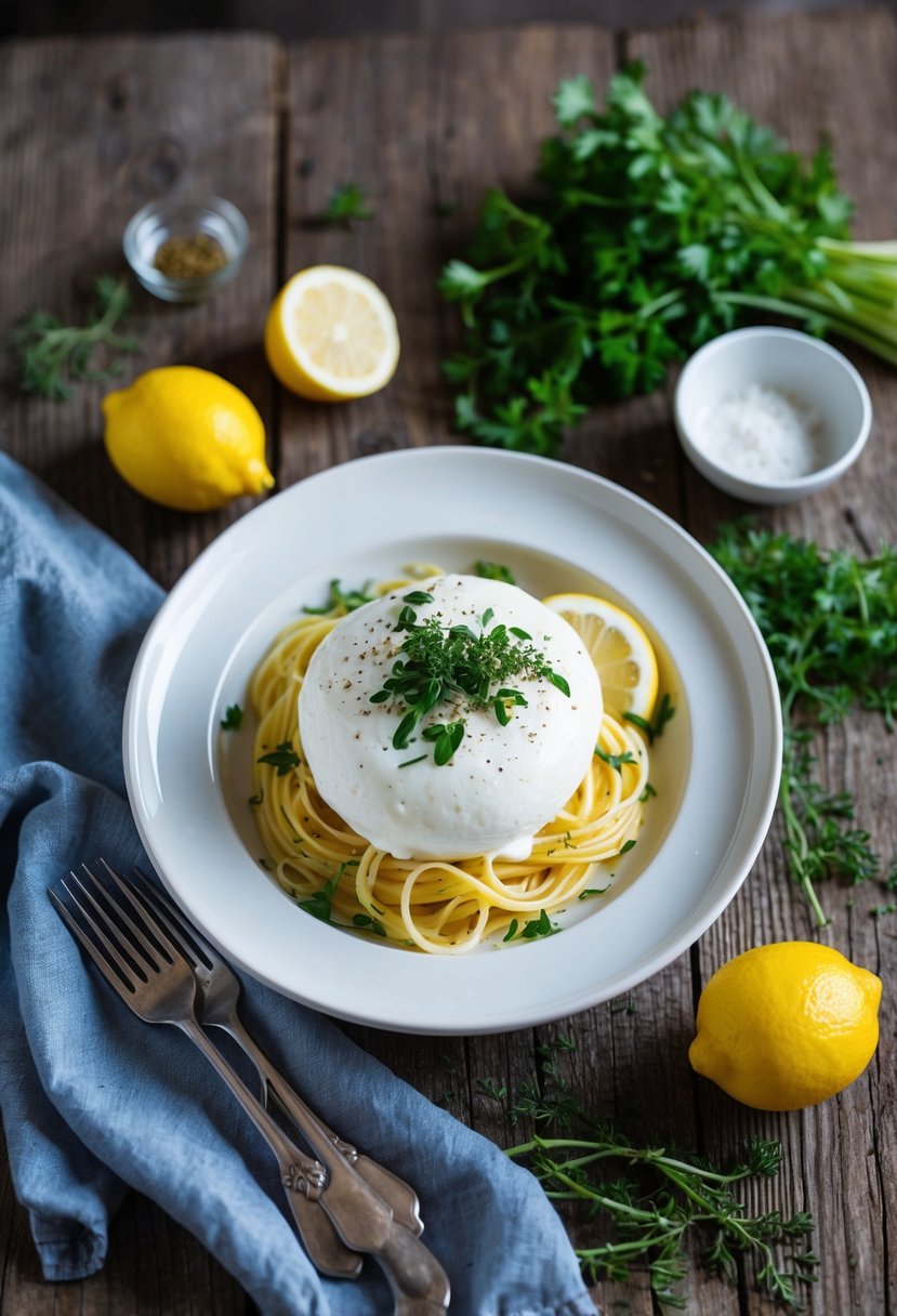 A plate of zesty burrata pasta with lemon, surrounded by fresh ingredients and a sprinkle of herbs, set on a rustic wooden table