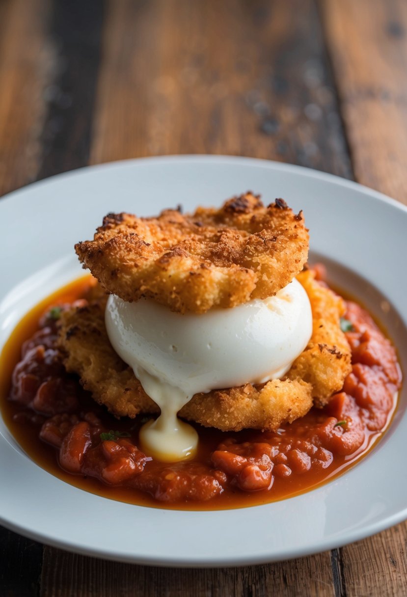 A plate of fried burrata sits atop a pool of marinara sauce, with crispy golden brown coating and creamy cheese oozing out