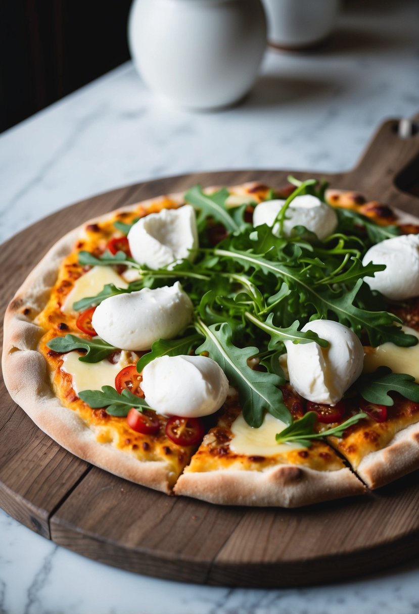 A rustic pizza topped with creamy burrata and fresh arugula on a wooden board