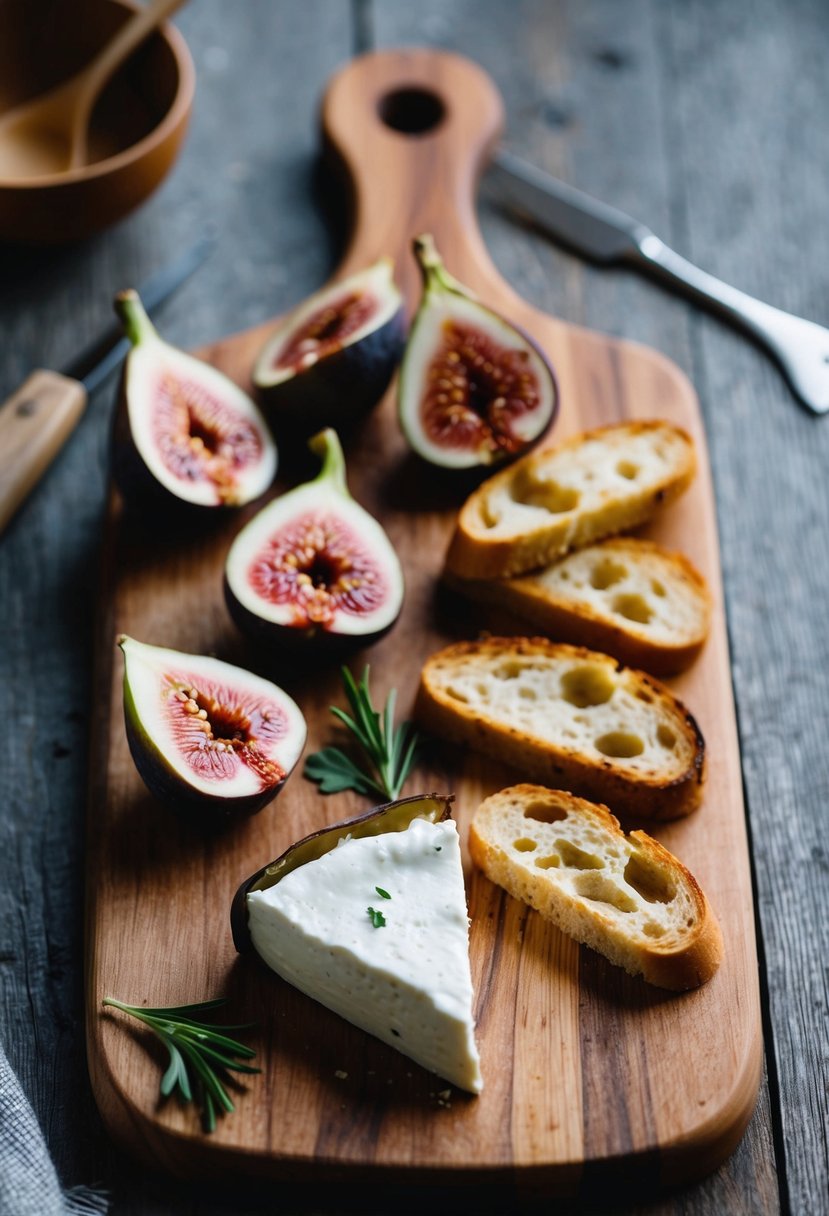 A rustic wooden cutting board with sliced figs, a wedge of creamy burrata cheese, and toasted crostini arranged artfully