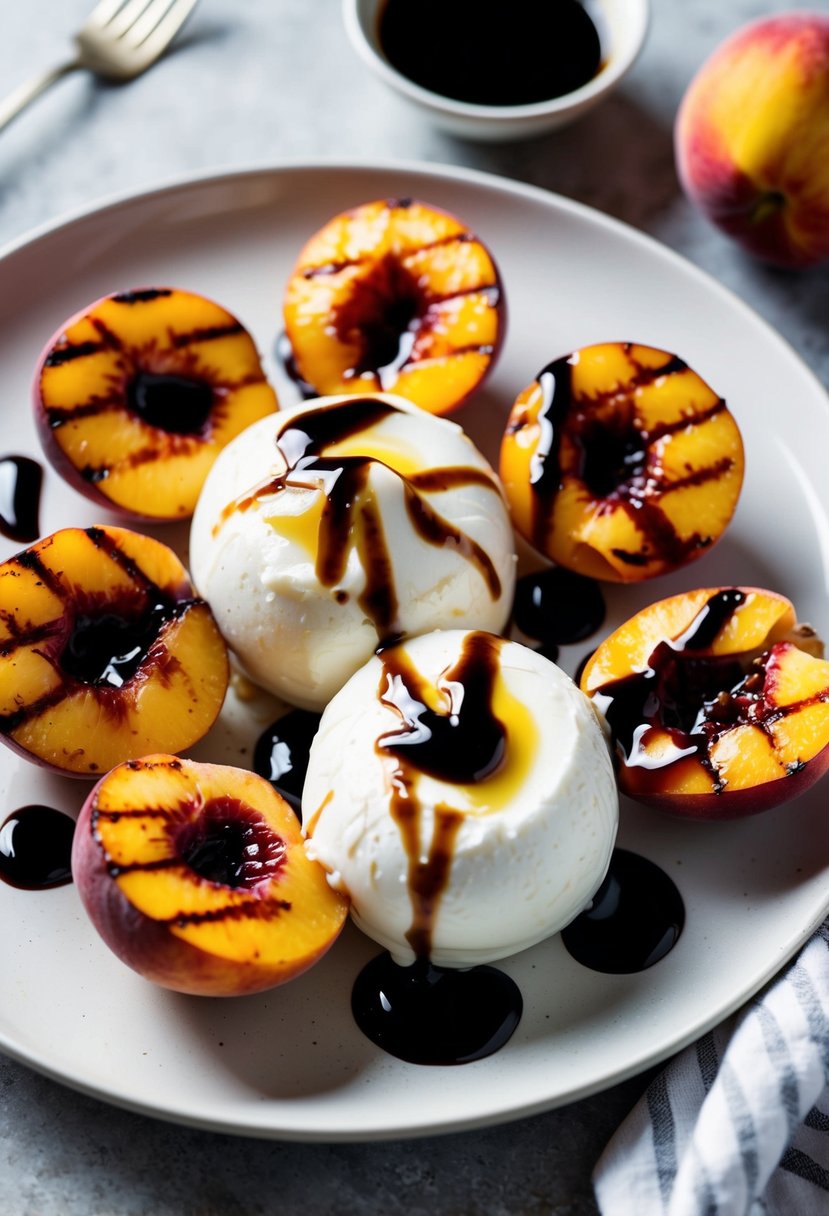 A plate of creamy burrata cheese surrounded by grilled peaches and drizzled with balsamic glaze