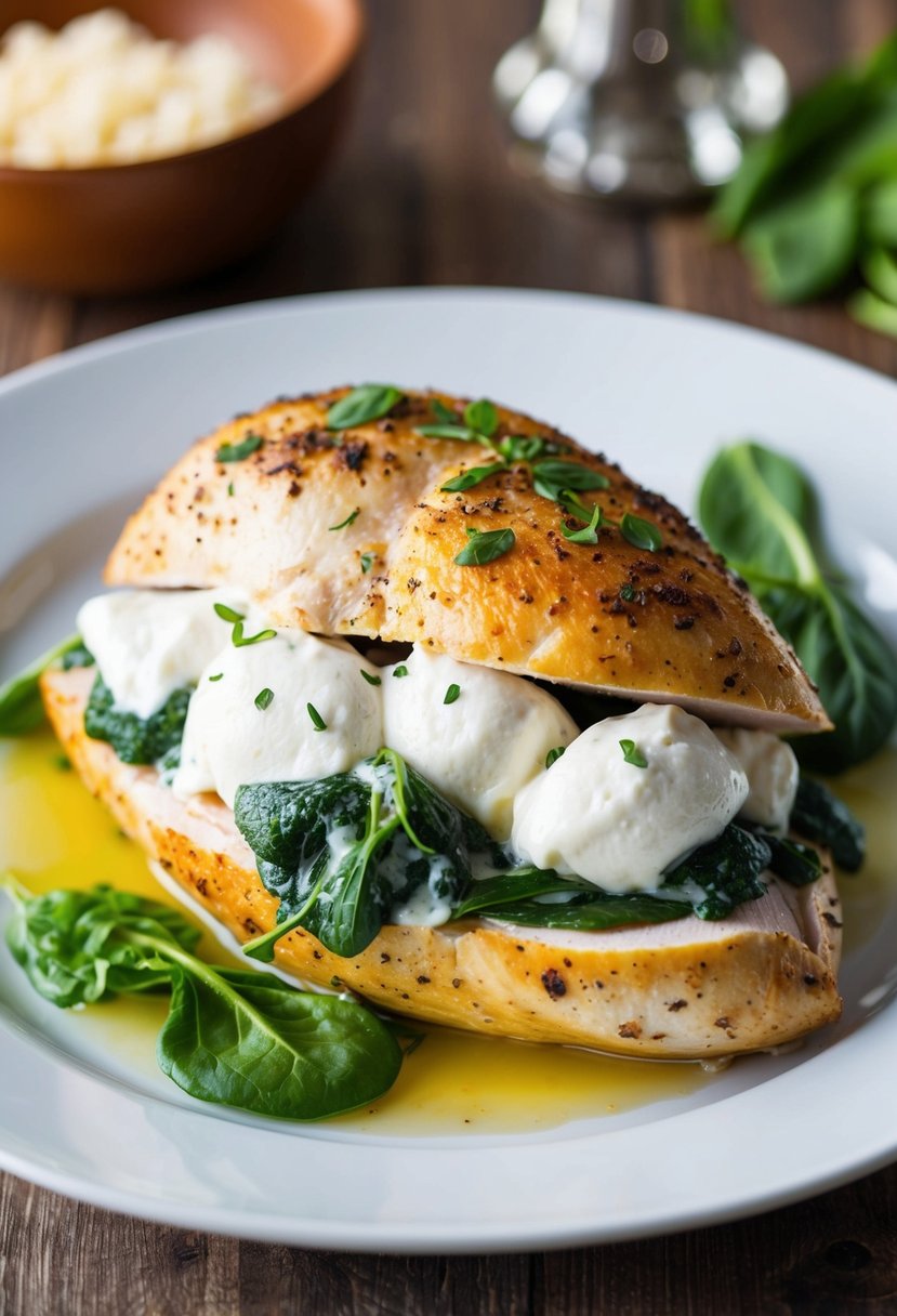 A whole chicken breast stuffed with creamy burrata cheese and spinach, ready to be baked to perfection