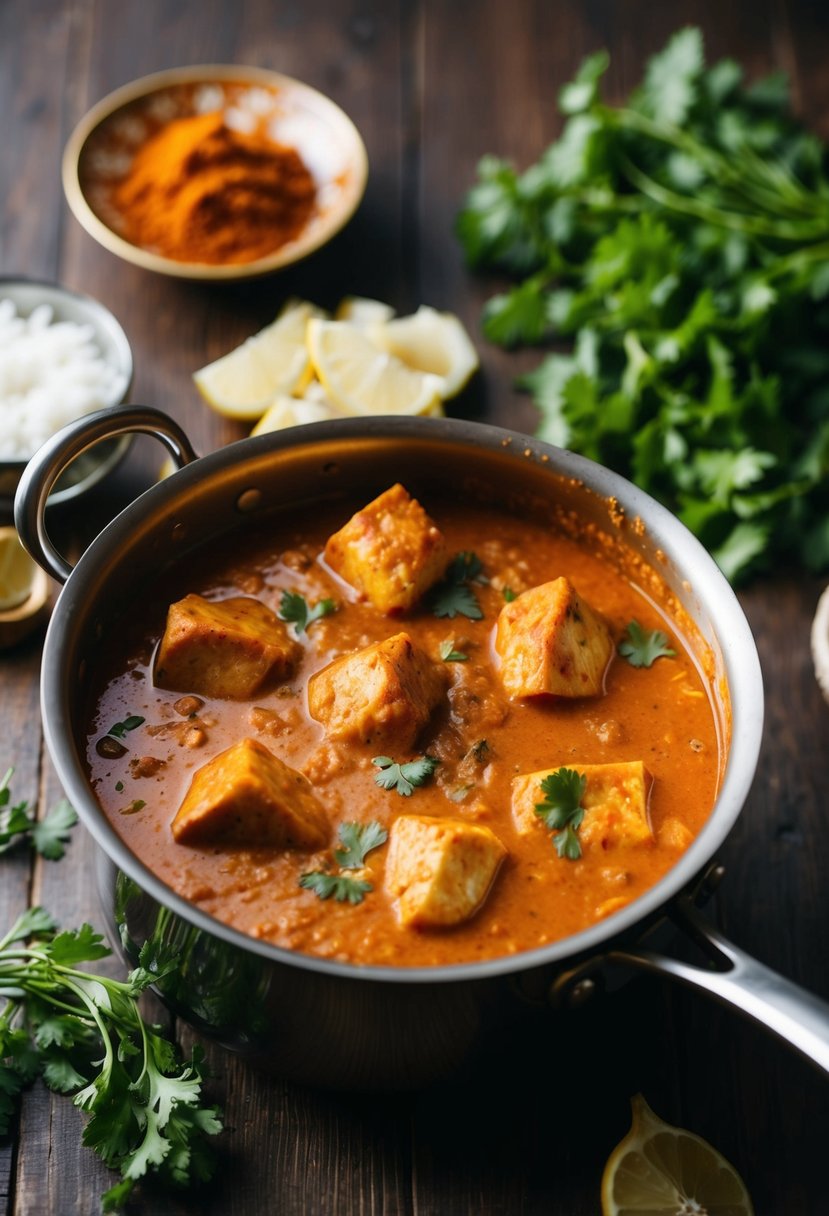 A pot simmering with aromatic spices and creamy tomato sauce, chunks of tender chicken floating in the rich, fragrant butter chicken recipe