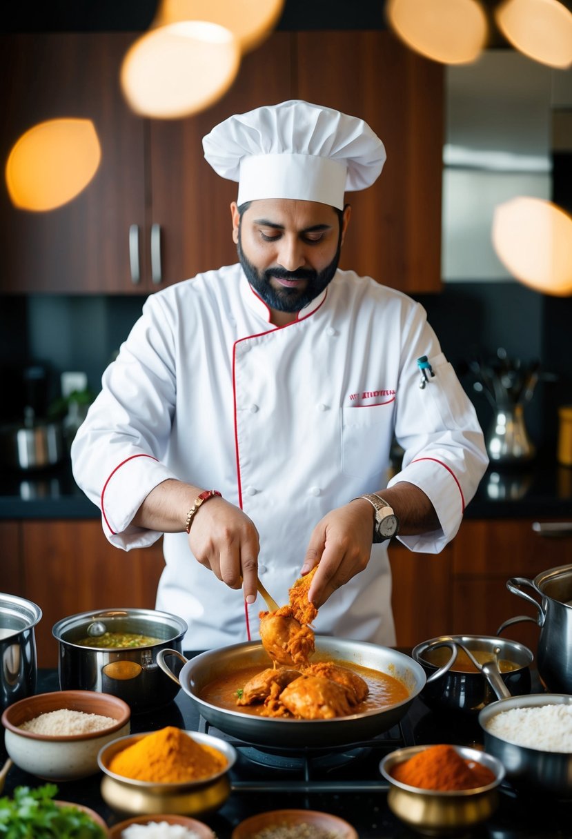 A chef preparing traditional Murgh Makhani, surrounded by various spices, pots, and ingredients