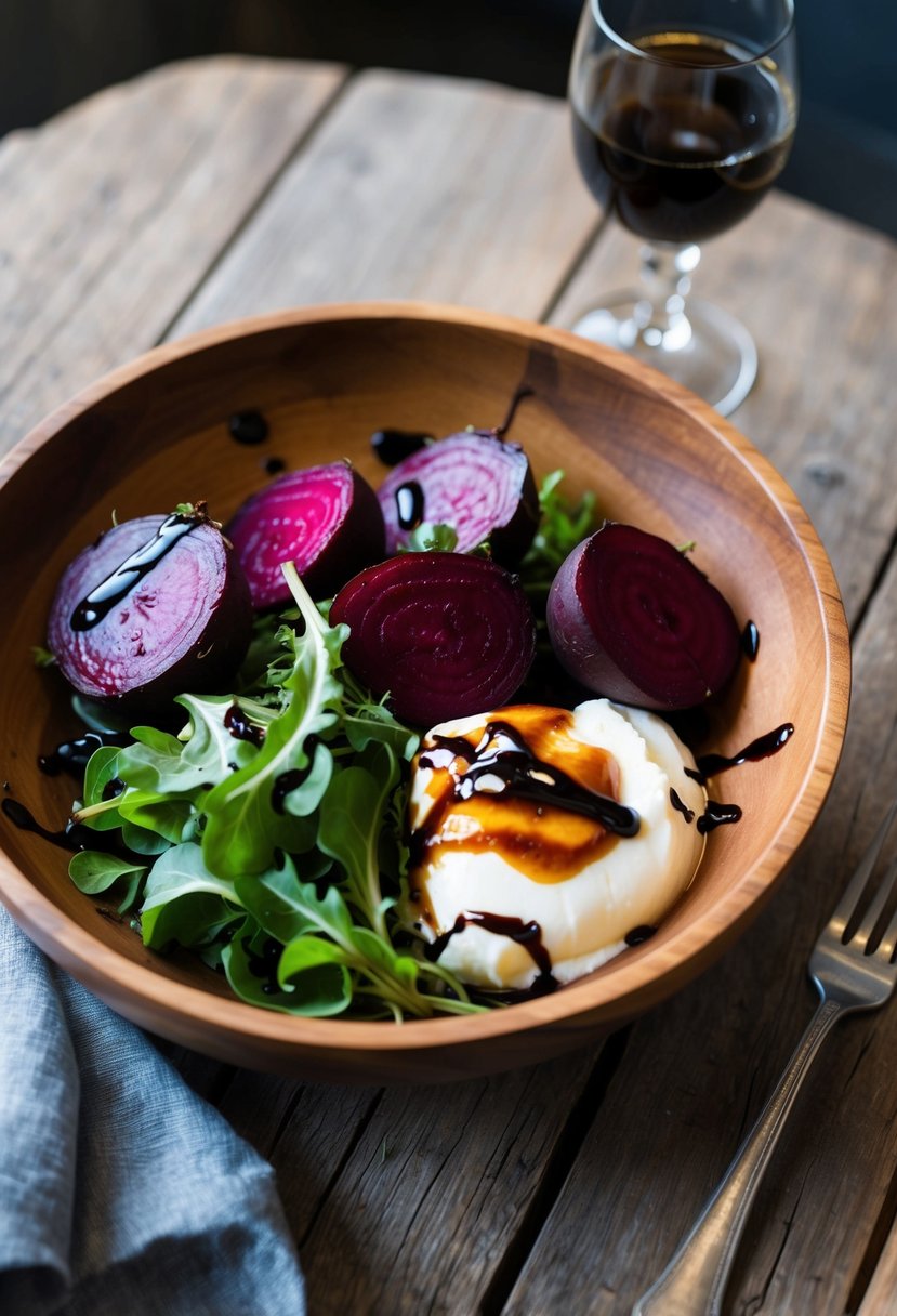 A wooden bowl filled with roasted beets, creamy burrata, and fresh greens, drizzled with balsamic glaze, set on a rustic table