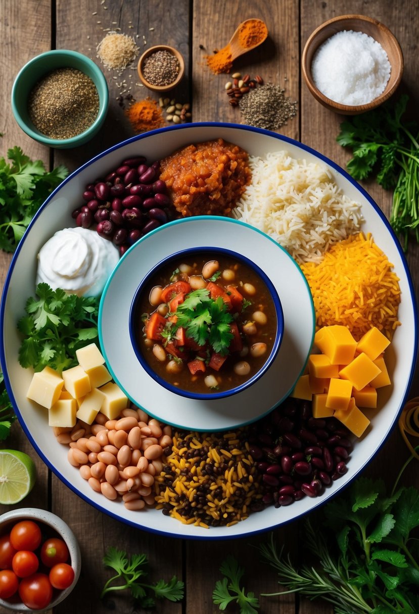 A spread of colorful ingredients like beans, rice, salsa, and cheese laid out on a wooden table, surrounded by various spices and herbs