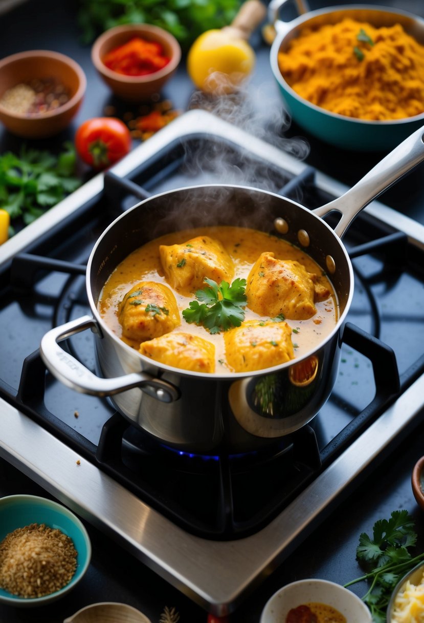 A steaming pot of butter chicken simmering on a stovetop, surrounded by vibrant spices and fresh ingredients