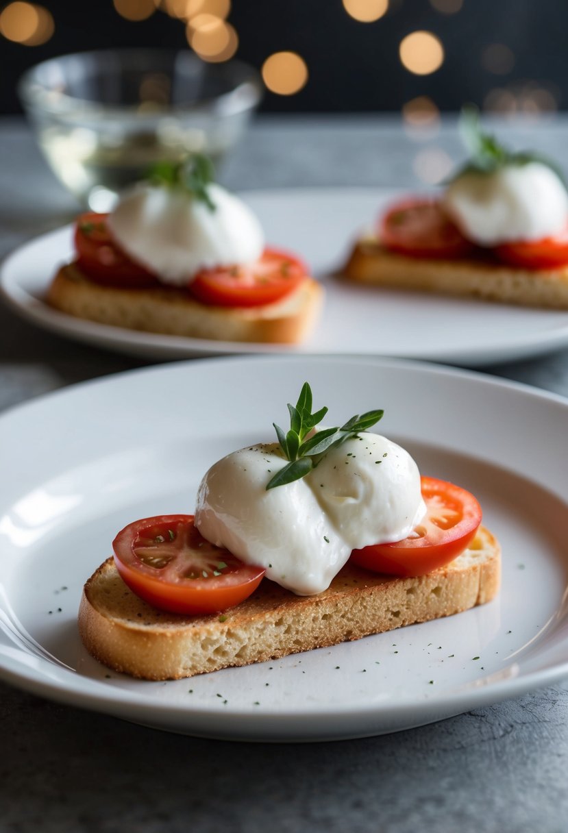 A plate of garlic toast topped with creamy burrata cheese and fresh tomatoes