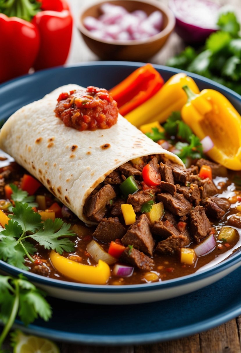 A sizzling beef burrito surrounded by colorful ingredients like peppers, onions, and cilantro, with a dollop of spicy salsa on top