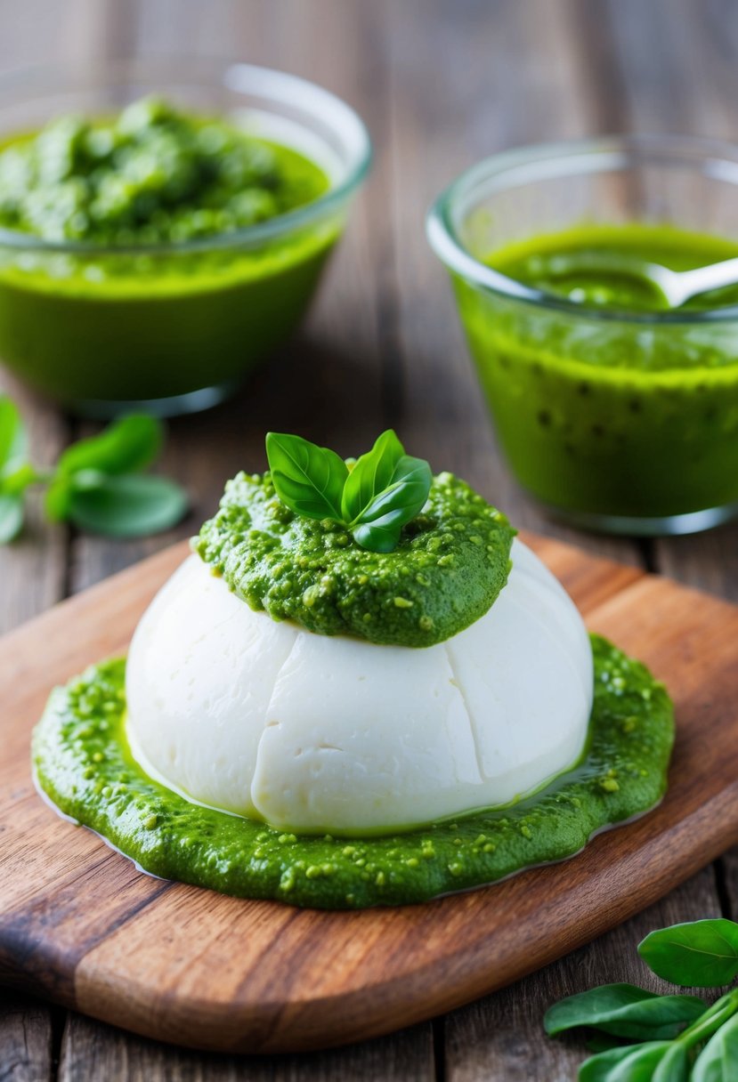 A creamy burrata cheese topped with vibrant green pesto sauce on a rustic wooden serving board