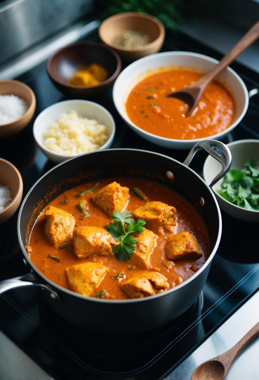 A simmering pot of butter chicken with aromatic spices and creamy tomato sauce on a stovetop, surrounded by bowls of ingredients and a wooden spoon