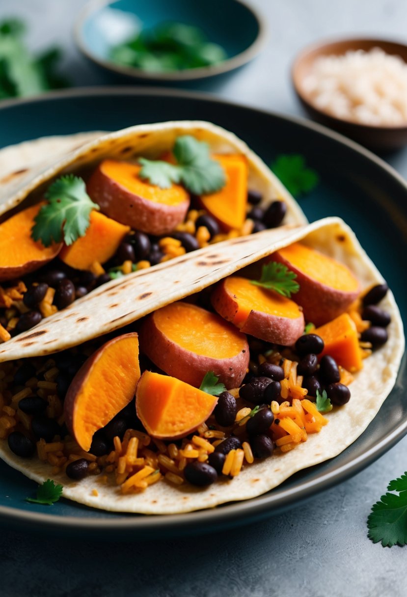 A colorful array of sweet potatoes, black beans, rice, and spices, wrapped in a warm tortilla